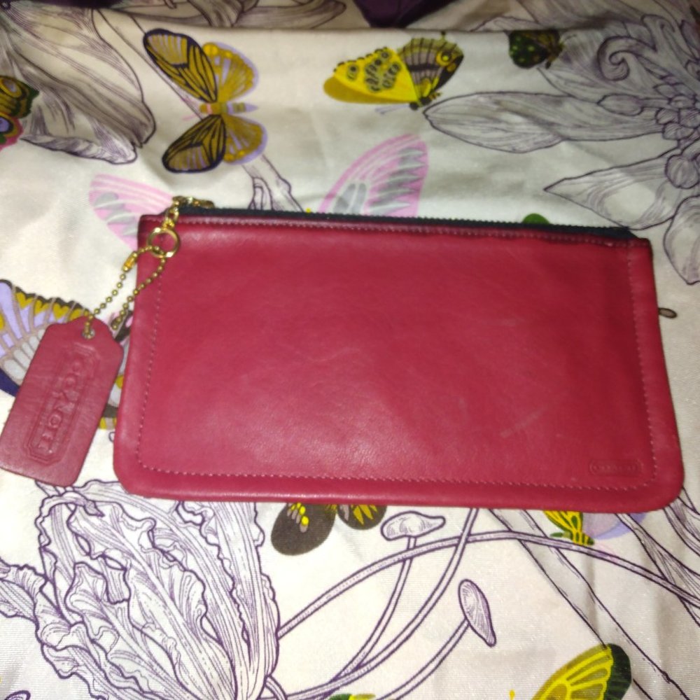 ❤️ Rare Vtg Coach Bonnie Cashin Red Leather Skinny Cosmetic Clutch Wallet +FOB